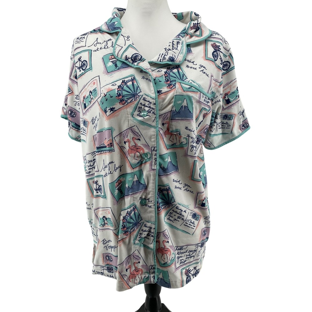 Munki Munki Pajama Top Womens Medium Teal White Postcard Travel Short Sleeve